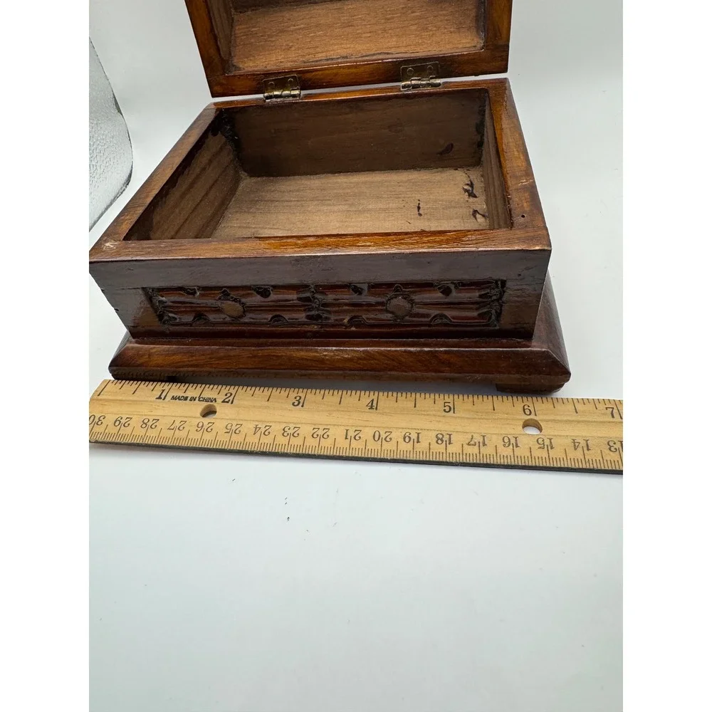 Hand Carved Wooden Jewelry Box Domed Lid Geometric Trinket Keepsake Chest Brown